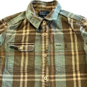Vintage‎ Polo Ralph Lauren Boys Workshirt Size 7 Green Plaid Pen Pocket Utility